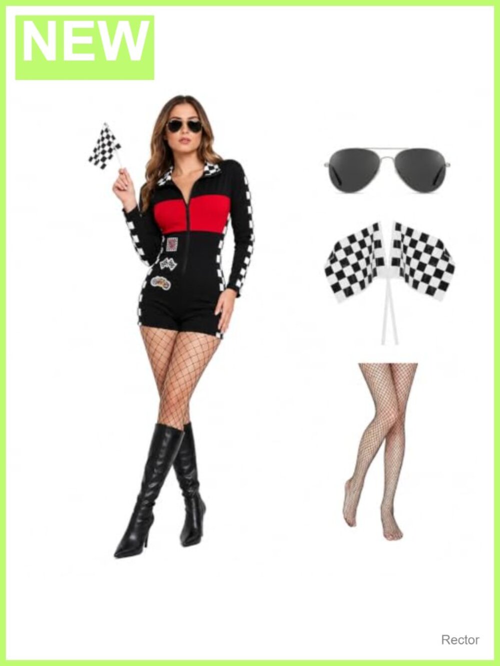 Race Car Driver Costume Set with Jumpsuit, Sunglasses, Flags